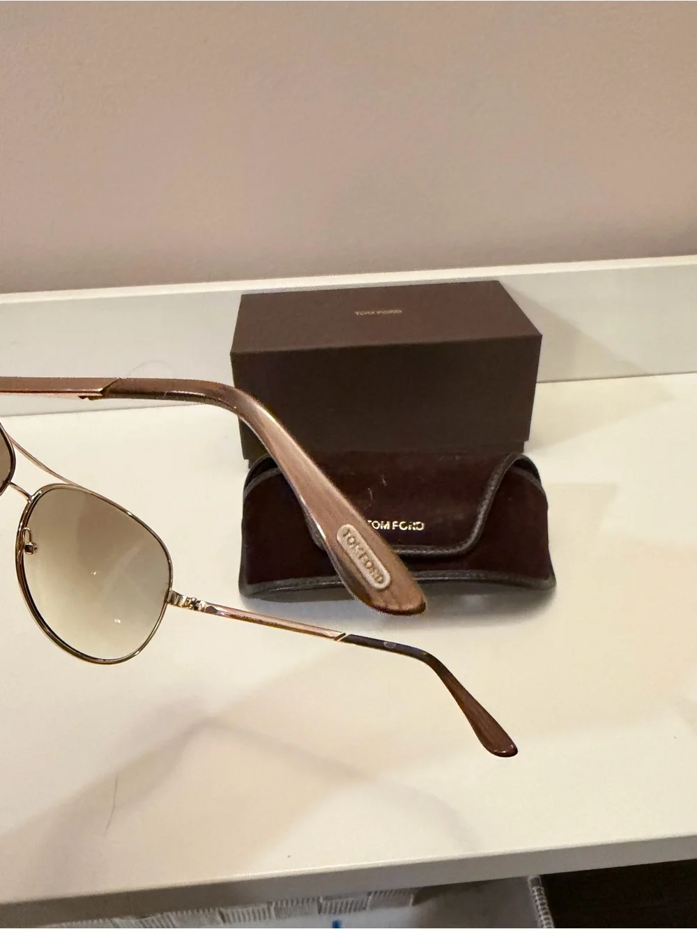 Tom Ford Rose Gold Aviator Sunglasses Brown Gradient Lens TF Case Pouch